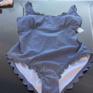 Blue Scalloped Trim One Piece Swimsuit